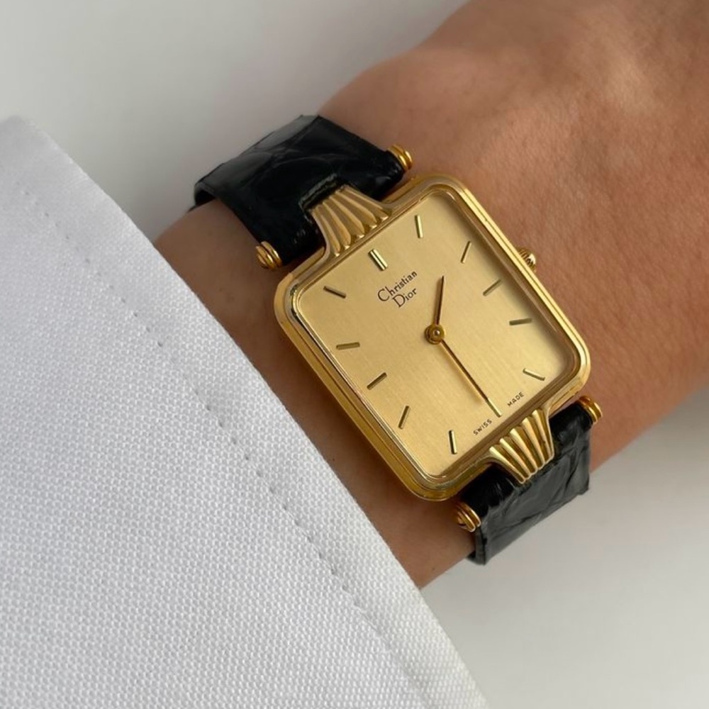 Rare Vintage Christian Dior Gold face and Black strap Watch